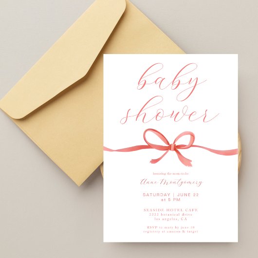 Invitation Baptême de Bébé Fille Ruban Rose Calligraphie Élég