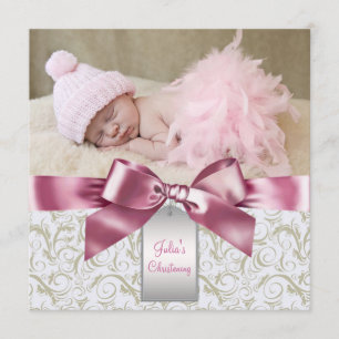 Invitation Baptême de bébé fille tourbillons ivoire rose