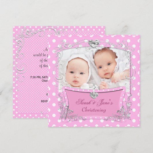 Invitation Baptême de bébé filles jumelles rose (Devant / Derrière)