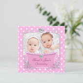 Invitation Baptême de bébé filles jumelles rose (Debout devant)