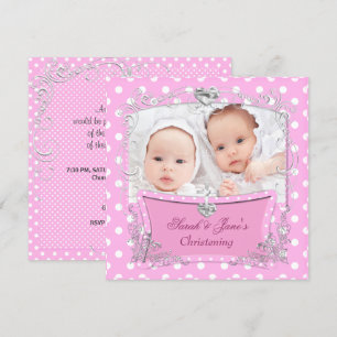 Invitation Baptême de bébé filles jumelles rose