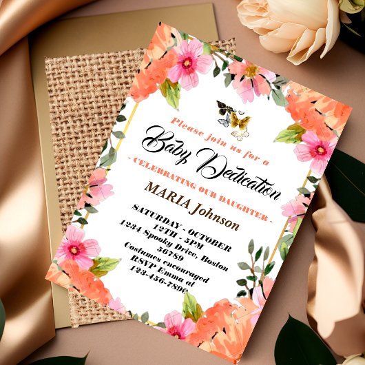Invitation Baptême de bébé floral aquarelle papillon girly 