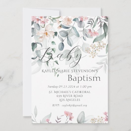 Invitation Baptême de bébé floral vert (Devant)