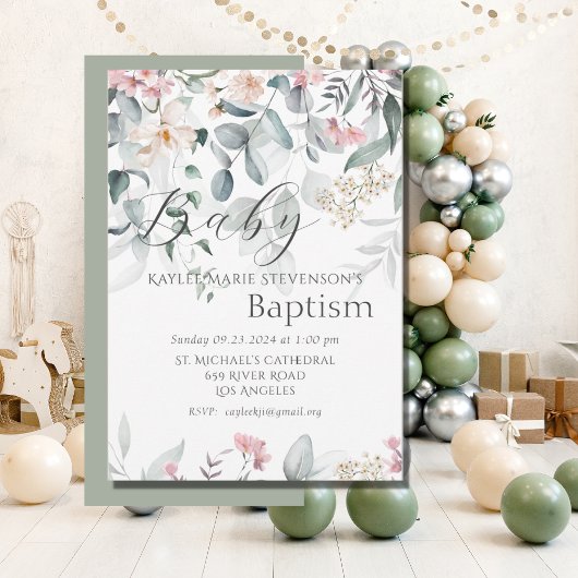 Invitation Baptême de bébé floral vert