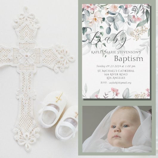 Invitation Baptême de bébé floral vert