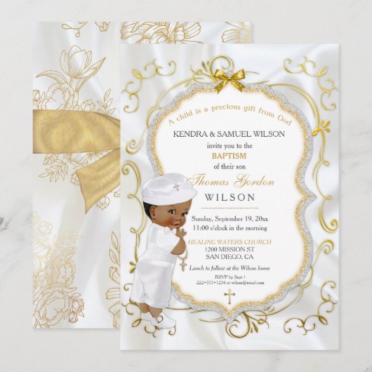 Invitation Baptême de bébé garçon afro-américain Croix dorée (Devant / Derrière)