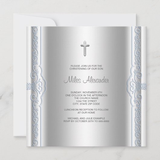 Invitation Baptême de bébé garçon bleu argenté (Devant)