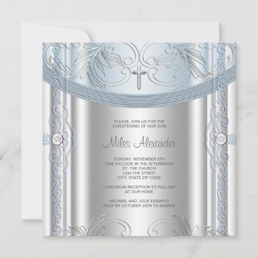 Invitation Baptême de bébé garçon bleu argenté (Devant)