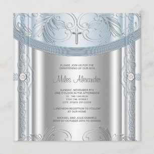 Invitation Baptême de bébé garçon bleu argenté