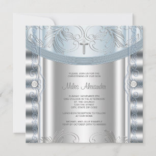 Invitation Baptême de bébé garçon bleu argenté