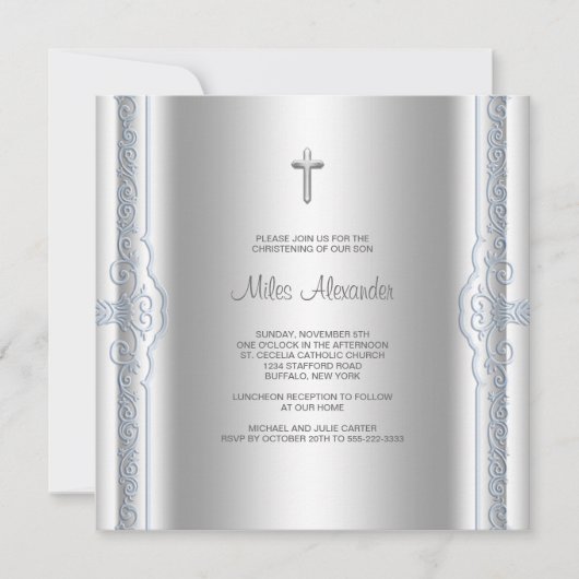 Invitation Baptême de bébé garçon bleu argenté (Devant)