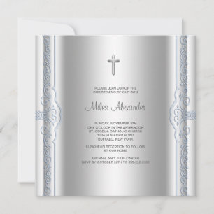 Invitation Baptême de bébé garçon bleu argenté