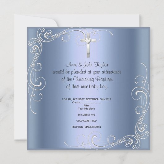 Invitation Baptême de bébé garçon croix argentée bleue (Dos)