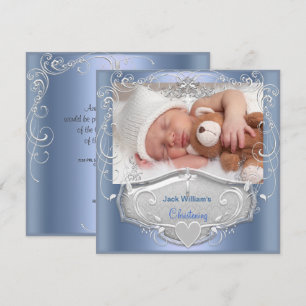 Invitation Baptême de bébé garçon croix bleue argent