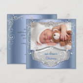 Invitation Baptême de bébé garçon croix bleue argentée (Devant / Derrière)