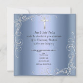 Invitation Baptême de bébé garçon croix bleue argentée (Dos)