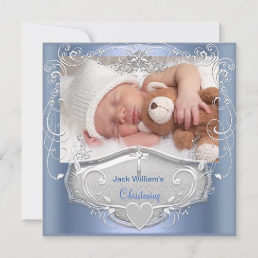 Invitation Baptême de bébé garçon croix bleue argentée (Devant)