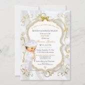 Invitation Baptême de bébé garçon croix dorée paillettes (Devant)
