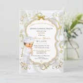 Invitation Baptême de bébé garçon croix dorée paillettes (Debout devant)