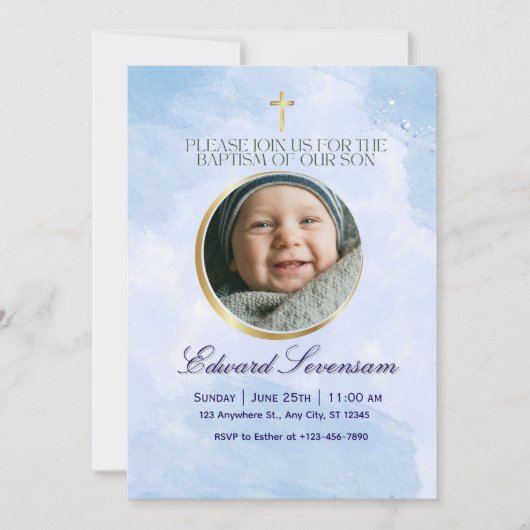 Invitation Baptême de bébé garçon Editable Blue Cloud  (Devant)