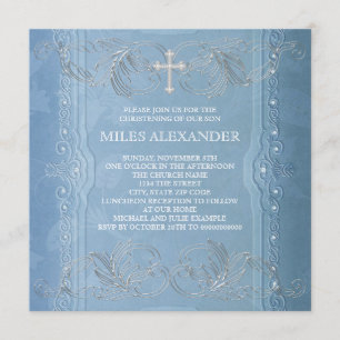 Invitation Baptême de bébé garçon élégant bleu et blanc