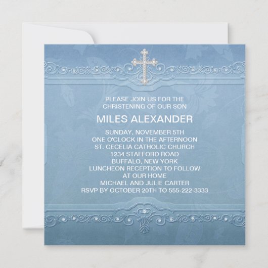 Invitation Baptême de bébé garçon élégant bleu et blanc (Devant)