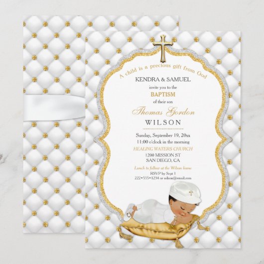 Invitation Baptême de bébé garçon ethnique Croix en or (Devant / Derrière)