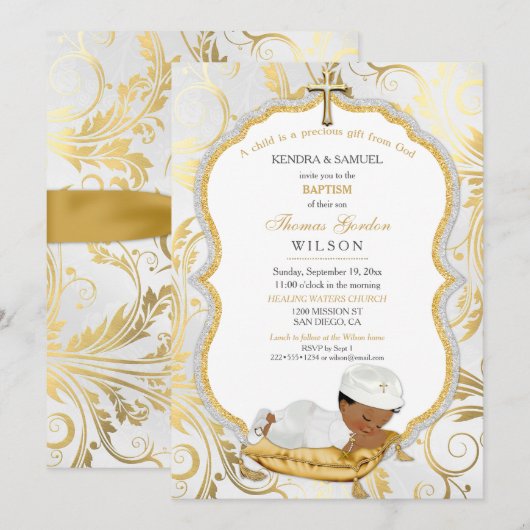 Invitation Baptême de bébé garçon ethnique Croix en or (Devant / Derrière)