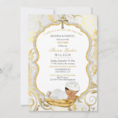 Invitation Baptême de bébé garçon ethnique Croix en or (Devant)