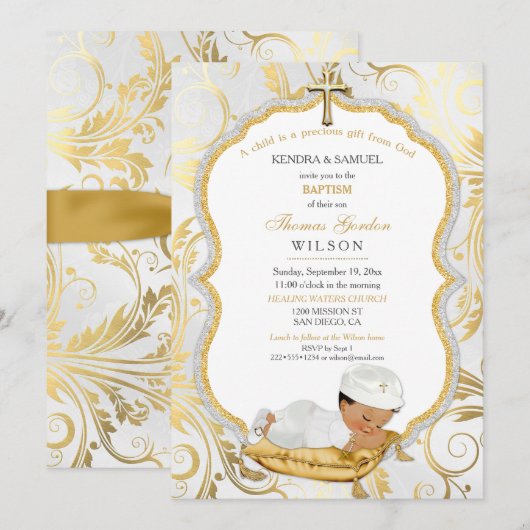 Invitation Baptême de bébé garçon ethnique Croix en or (Devant / Derrière)