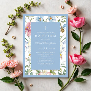Invitation Baptême de bébé garçon floral vintage élégant