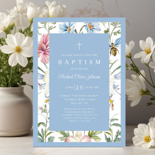 Invitation Baptême de bébé garçon floral vintage élégant