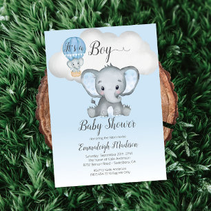 Invitation Baptême de bébé garçon Montgolfière éléphant C'est