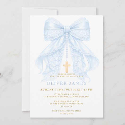 Invitation Baptême de bébé garçon noeud bleu (Devant)