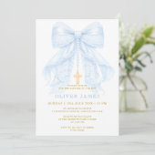 Invitation Baptême de bébé garçon noeud bleu (Debout devant)