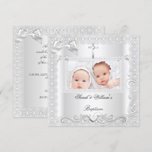 Invitation Baptême de bébé jumeaux fille garçon dentelle blan