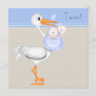 Invitation Baptême de bébé jumeaux Stork Bleu Beige à carreau