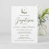 Invitation Baptême de bébé moderne Wreath Gold Cross Green Mo (Debout devant)
