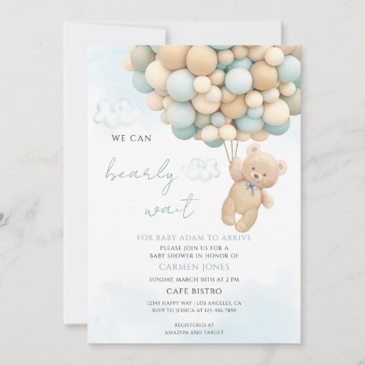 Invitation Baptême de Bébé Montgolfière Ours en Peluche (Devant)