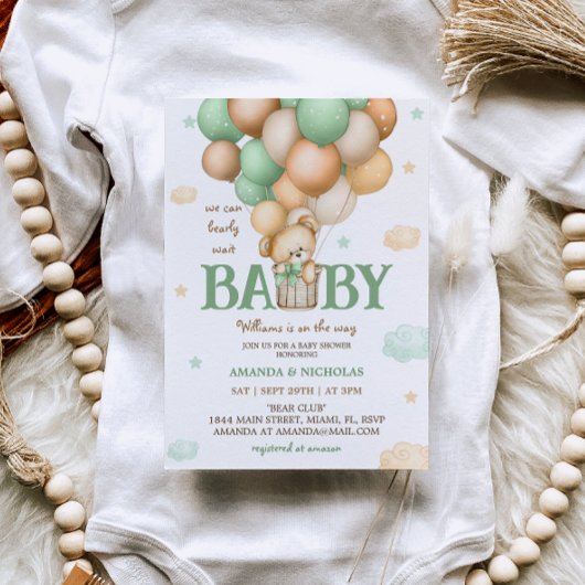 Invitation Baptême de bébé Montgolfière Ours Vert