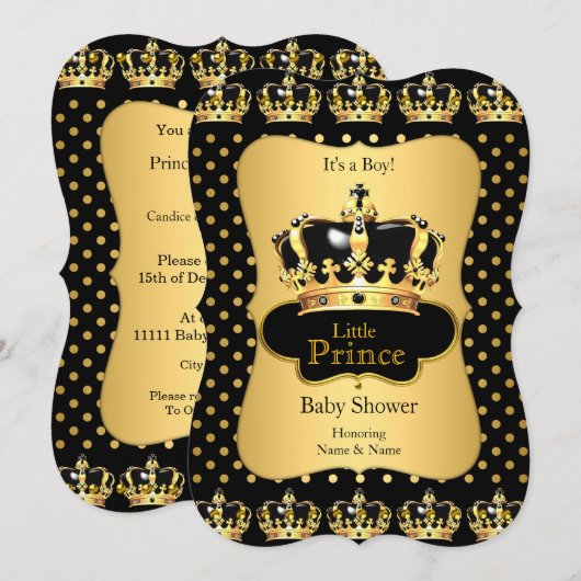 Invitation Baptême de bébé prince points noirs or (Devant / Derrière)