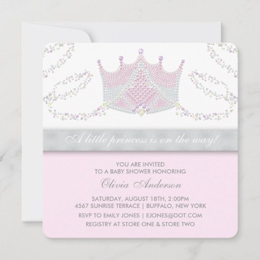 Invitation Baptême de bébé princesse rose gris Tiara (Devant)