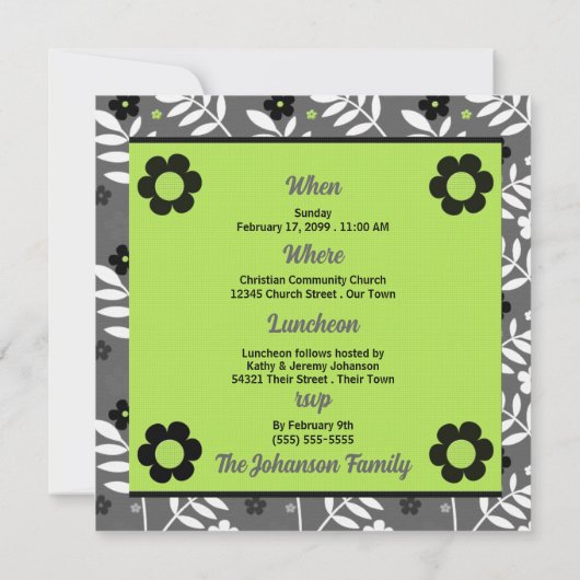 Invitation Baptême de bébé vert avec monogramme et photo (Dos)