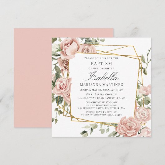 Invitation Baptême de cadre géométrique rose floral (Devant / Derrière)