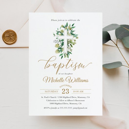 Invitation Baptême de calligraphie de couleur or verdure
