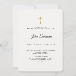 Invitation Baptême de calligraphie moderne élégante or et noi