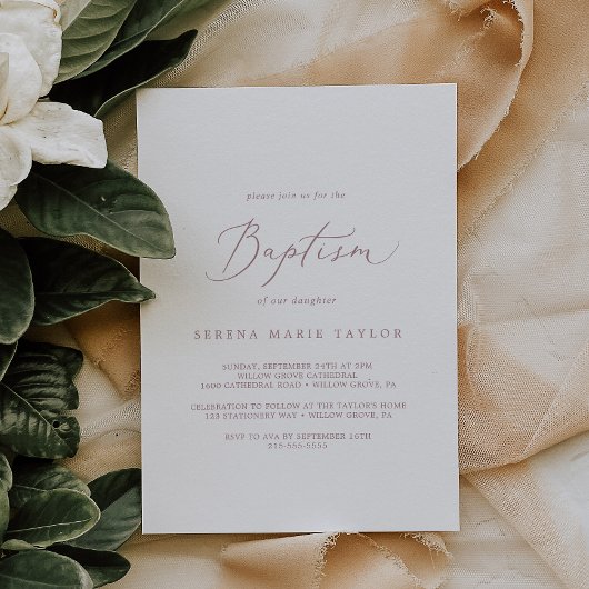 Invitation Baptême de calligraphie or Rose délicat