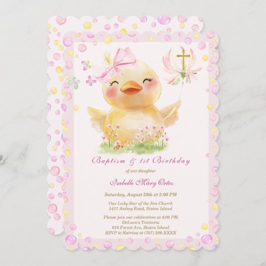 Invitation Baptême de canard en caoutchouc rose et anniversai (Devant / Derrière)