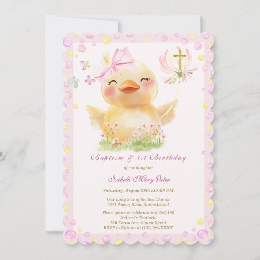 Invitation Baptême de canard en caoutchouc rose et anniversai (Devant)