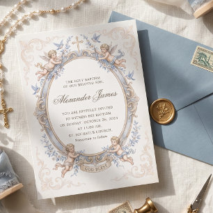 Invitation Baptême de Chérubin Renaissance Bleu Vintage